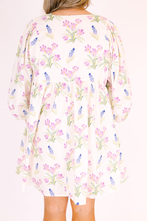Chic soul plus size clothing, cream long puff sleeve mini baby doll dress with light purple and blue flowers on it