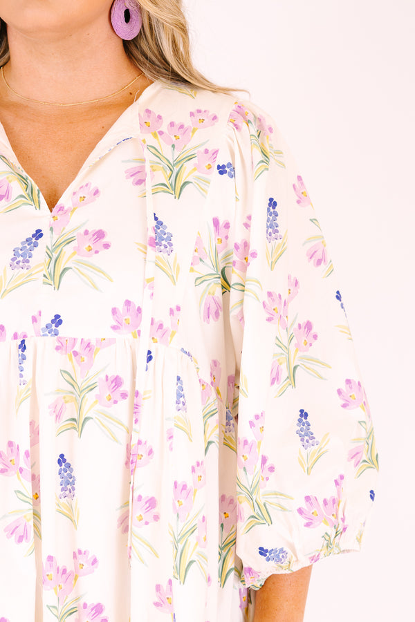 Chic soul plus size clothing, cream long puff sleeve mini baby doll dress with light purple and blue flowers on it