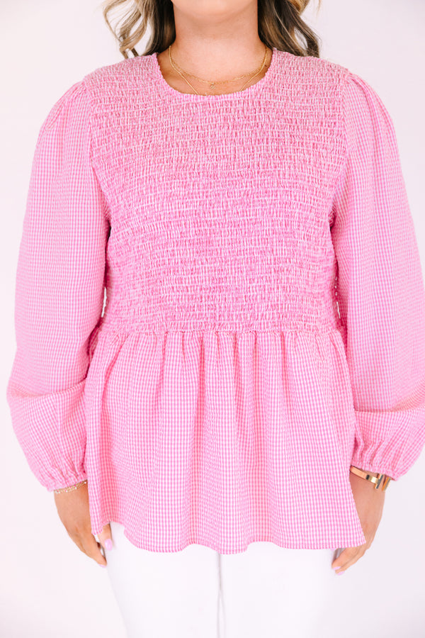 Chic Soul plus size clothing, pink gingham top with long bubble sleeves as well as a smocked texture on the chest area 