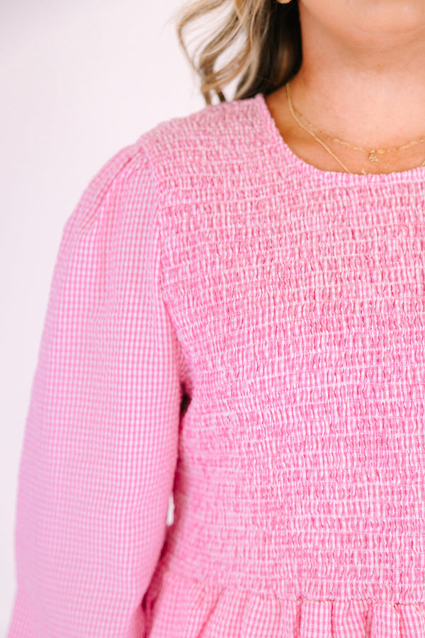 Chic Soul plus size clothing, pink gingham top with long bubble sleeves as well as a smocked texture on the chest area 