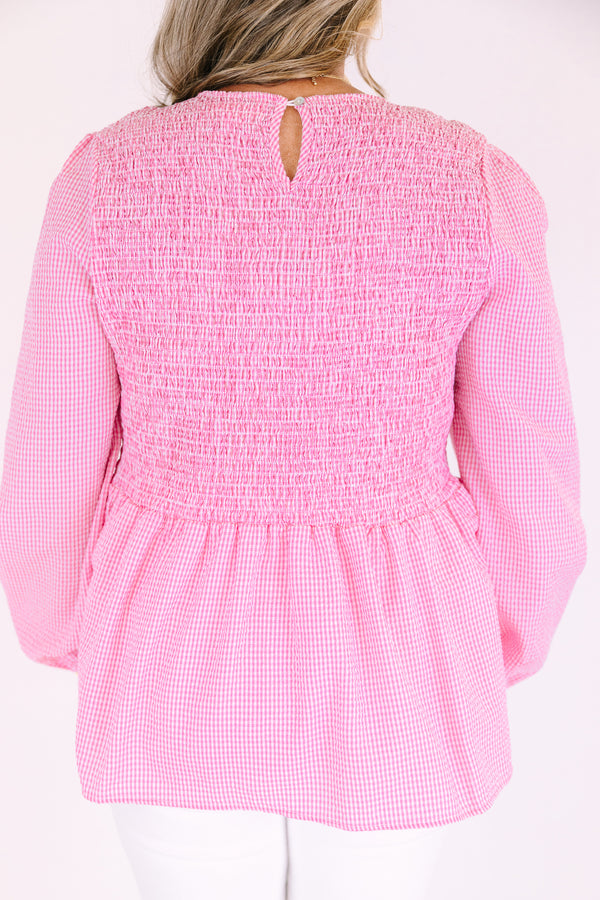 Chic Soul plus size clothing, pink gingham top with long bubble sleeves as well as a smocked texture on the chest area 