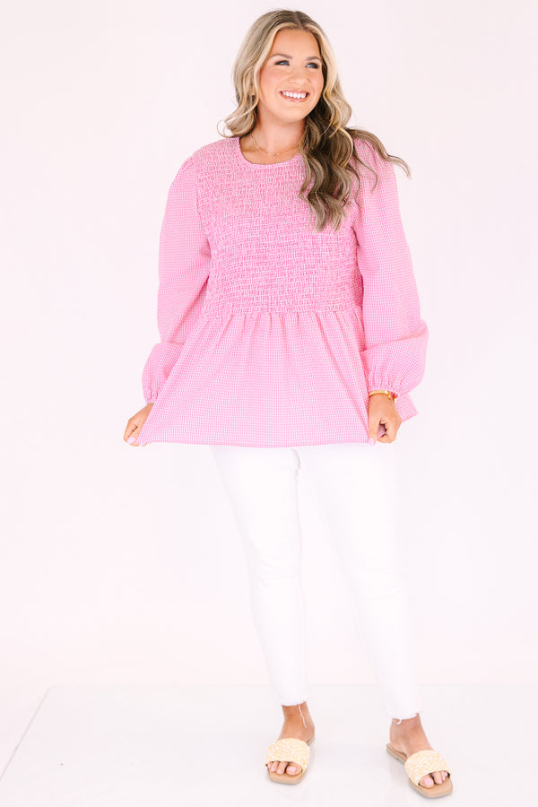 Chic Soul plus size clothing, pink gingham top with long bubble sleeves as well as a smocked texture on the chest area 