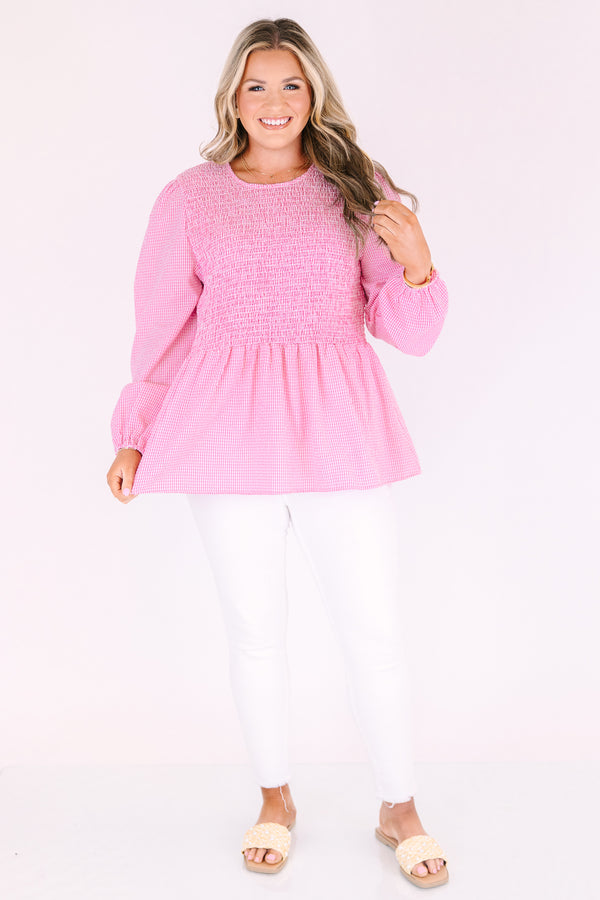 Chic Soul plus size clothing, pink gingham top with long bubble sleeves as well as a smocked texture on the chest area 
