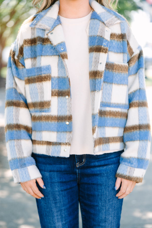 Plus Size blue and brown plaid cropped faux wool jacket with oversized front patch pockets.