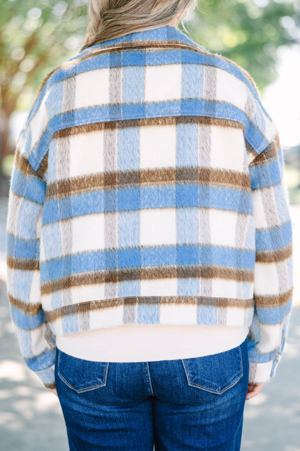 Plus Size blue and brown plaid cropped faux wool jacket with oversized front patch pockets.