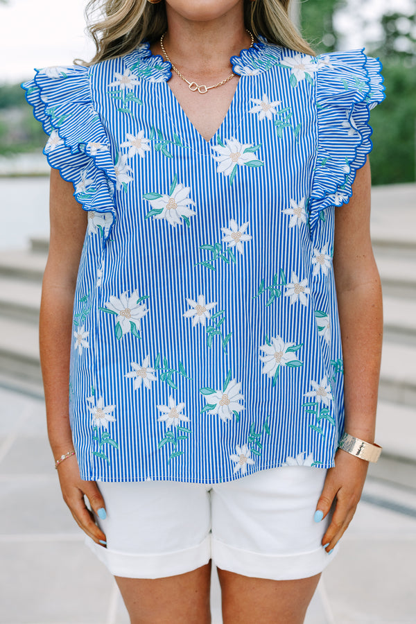 Chic Soul plus size clothing, blue stripe vneck top with floral deisgn and ruffle, flutter sleeves with scallop trim