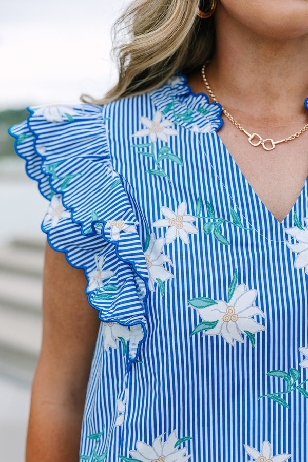 Chic Soul plus size clothing, blue stripe vneck top with floral deisgn and ruffle, flutter sleeves with scallop trim