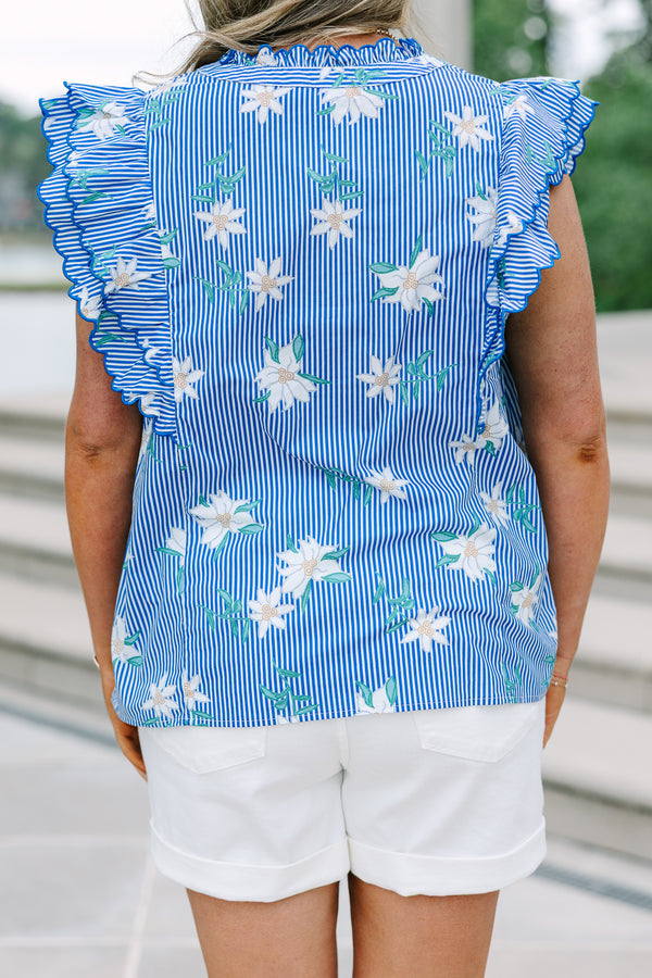 Chic Soul plus size clothing, blue stripe vneck top with floral deisgn and ruffle, flutter sleeves with scallop trim