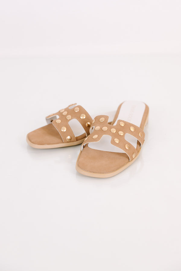Plus Size camel-colored slide sandals with gold stud embellishments and an H-shaped strap.