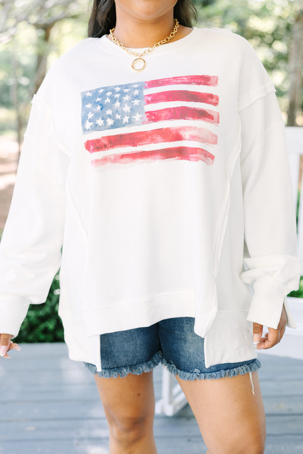 Chic Soul plus size clothing, white long sleeve crewneck pullover with watercolor style American flag graphic in the middle