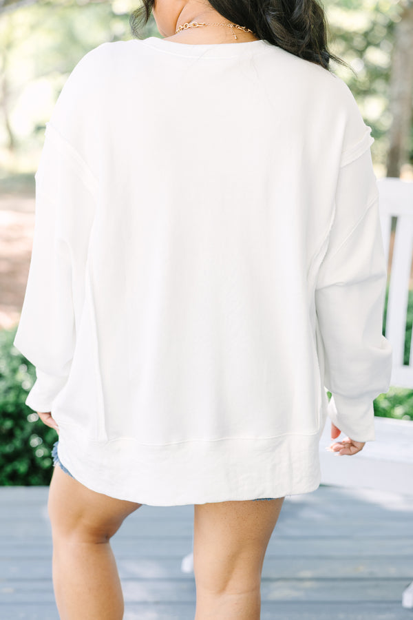 Chic Soul plus size clothing, white long sleeve crewneck pullover with watercolor style American flag graphic in the middle