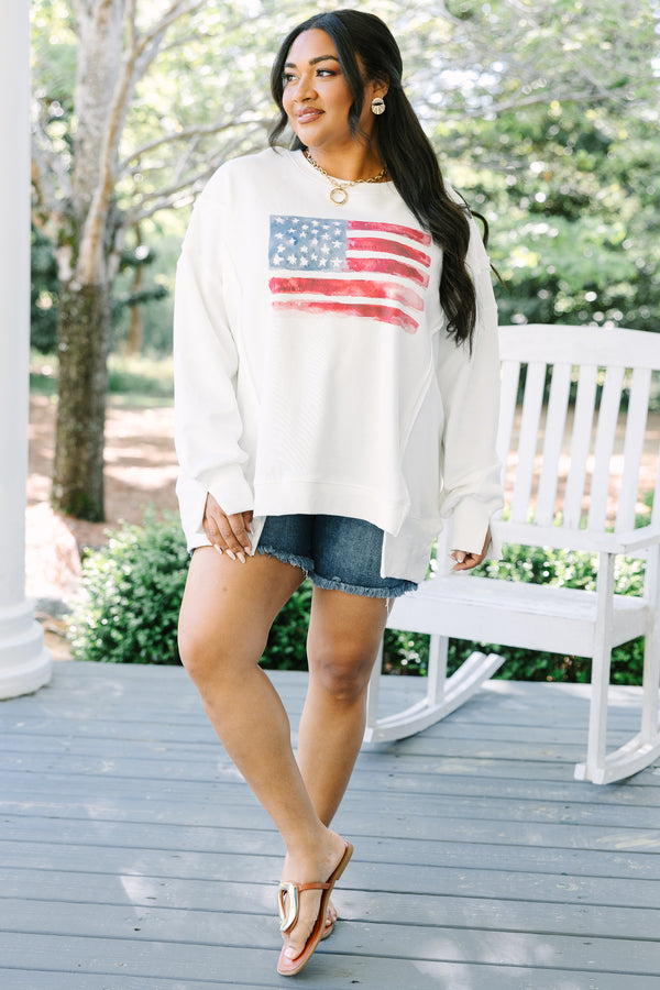 Chic Soul plus size clothing, white long sleeve crewneck pullover with watercolor style American flag graphic in the middle