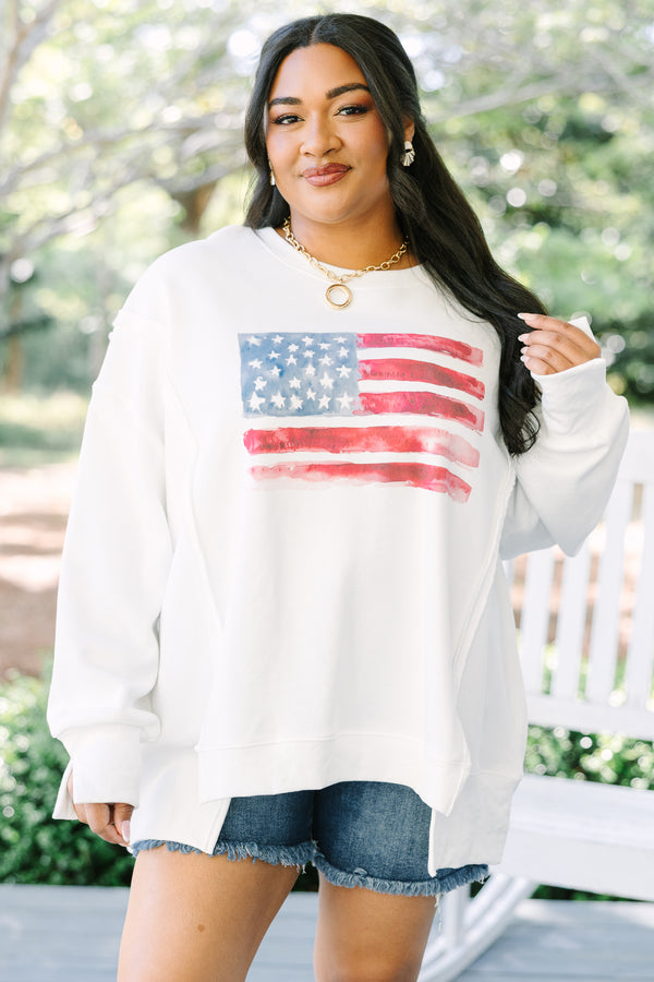 Chic Soul plus size clothing, white long sleeve crewneck pullover with watercolor style American flag graphic in the middle