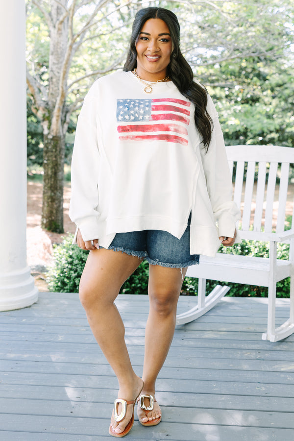 Chic Soul plus size clothing, white long sleeve crewneck pullover with watercolor style American flag graphic in the middle