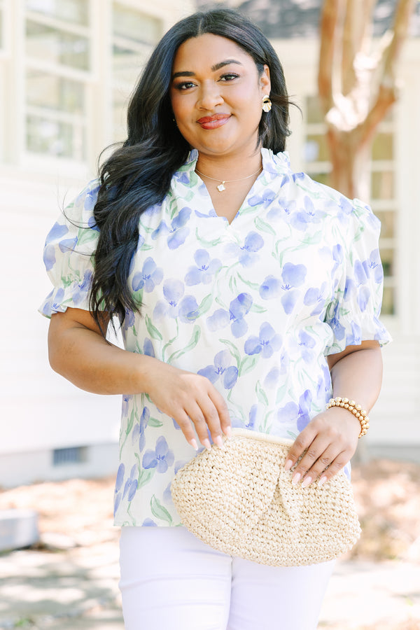 Chic Soul Plus Size Clothing, Blue floral print cotton top with a v-neckline and short bubble sleeves.