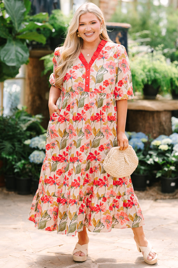 Chic Soul plus size clothing, fuchsia tiered maxi dress with bubble sleeves a floral pattern and a red ruffle detail going along the v-neckline and down to the bottom of the chest as well as buttons going down the center of the chest 