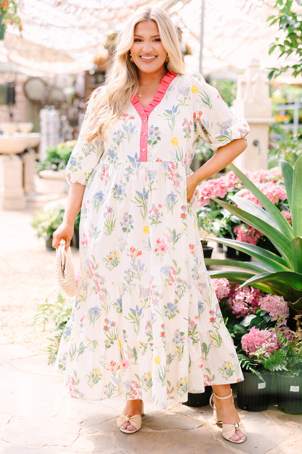 Chic Soul plus size clothing, cream maxi dress with half bubble sleeves along with a pink strip ruffle detail going along the v-neckline and a multi-colored floral pattern througout