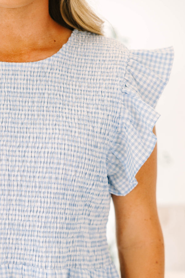 Chic Soul plus size clothing, blue gingham babydoll top with flutter sleeves and smocked bodice