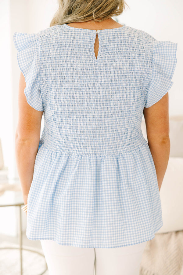 Chic Soul plus size clothing, blue gingham babydoll top with flutter sleeves and smocked bodice