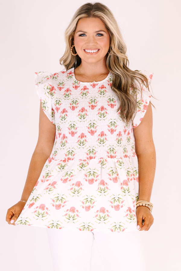 Chic Soul plus size clothing, ivory top with flutter sleeves and a smocked texture on the chest area as well as a pink floral block pattern 
