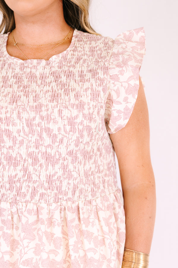 Chic Soul plus size clothing, babydoll top with smocked top and flutter sleeves in a mauve pink toile print