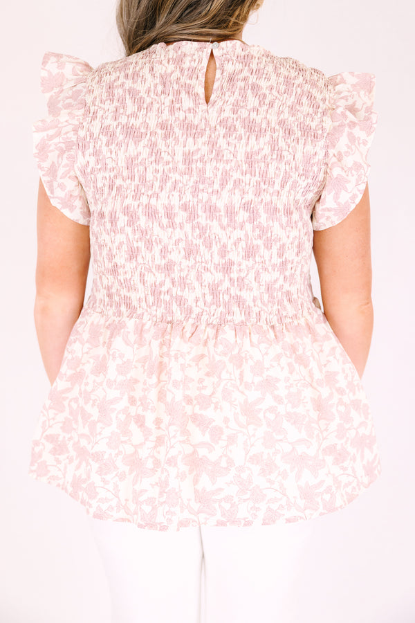 Chic Soul plus size clothing, babydoll top with smocked top and flutter sleeves in a mauve pink toile print