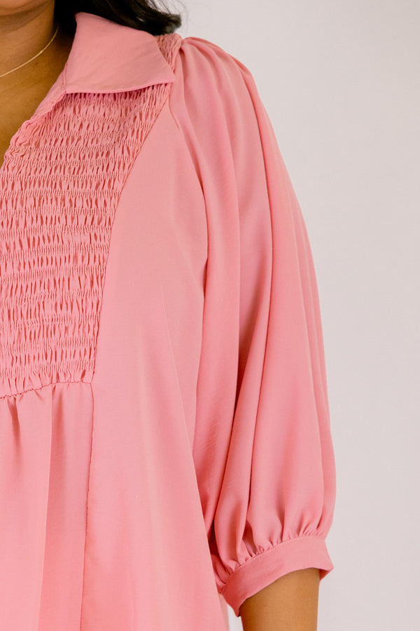 Chic Soul plus size clothing, light pink long sleeve flowy top with texturing on the chest and a collar