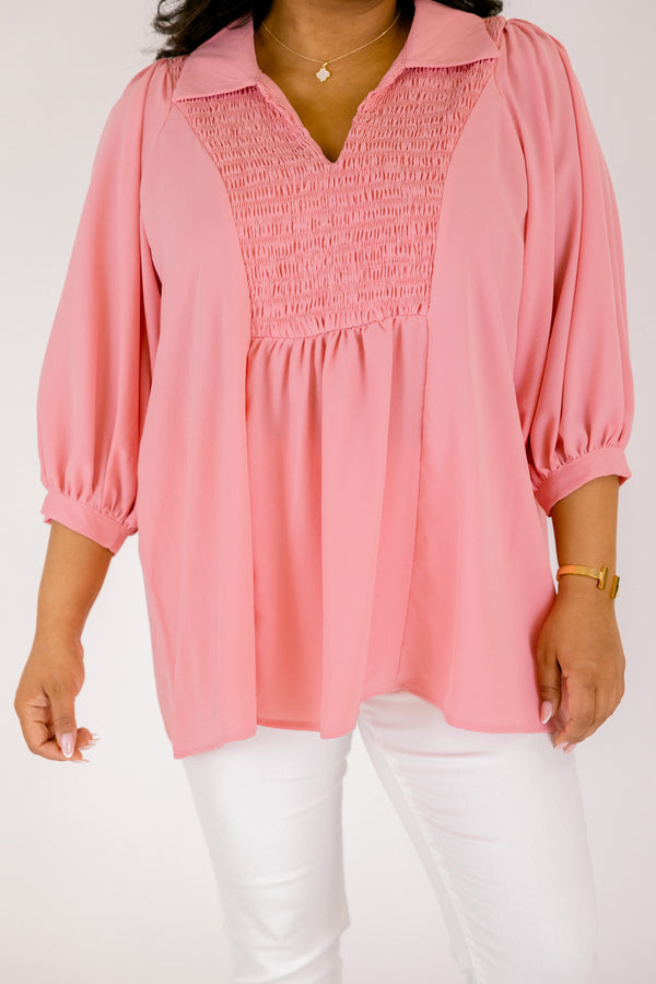 Chic Soul plus size clothing, light pink long sleeve flowy top with texturing on the chest and a collar