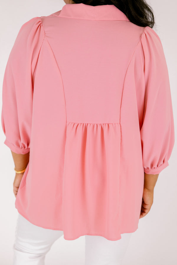 Chic Soul plus size clothing, light pink long sleeve flowy top with texturing on the chest and a collar