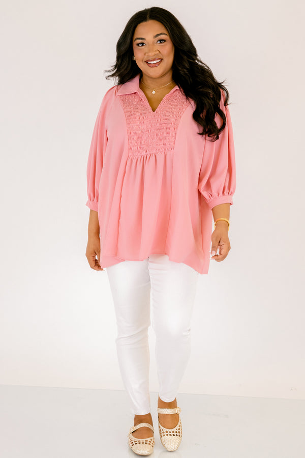 Chic Soul plus size clothing, light pink long sleeve flowy top with texturing on the chest and a collar