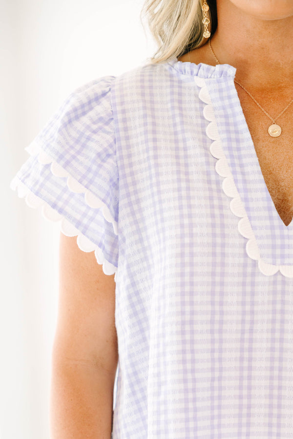 Chic Soul plus size clothing, lavender checkered short sleeve top with flutter sleeves and scalloped detailing