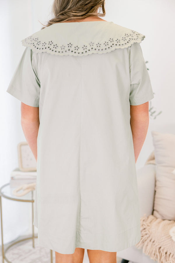 Chic Soul plus size clothing, Sage knee length dress featuring an eyelet-detailed bib on top of the shoulder area and a slight V-neckline. 
