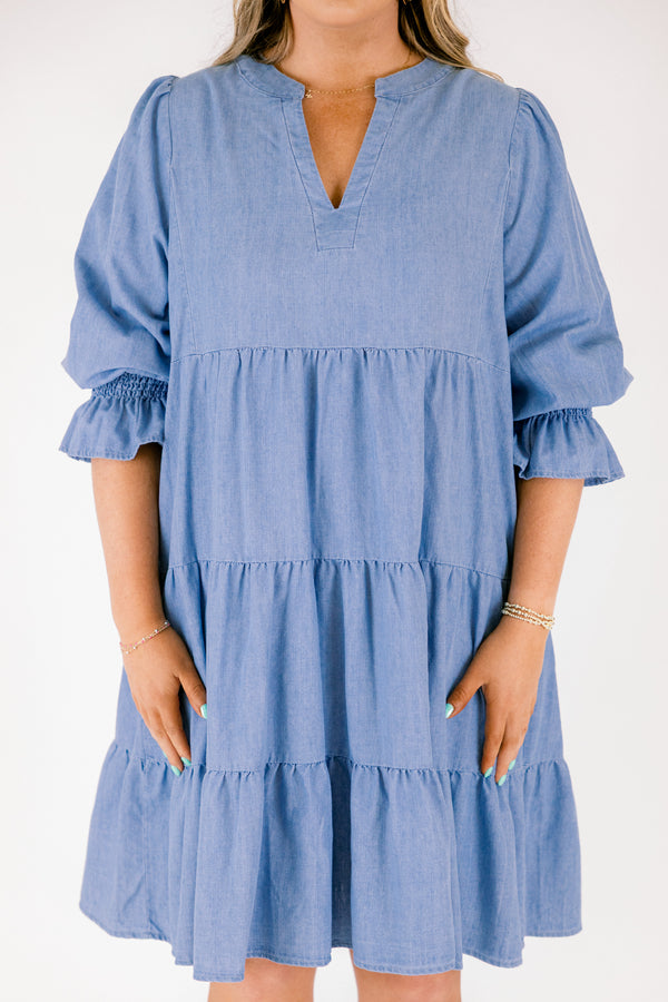 Chic Soul plus size clothing, denim half length sleeve tiered baby doll dress with cinching on the sleeves and v neck cutout