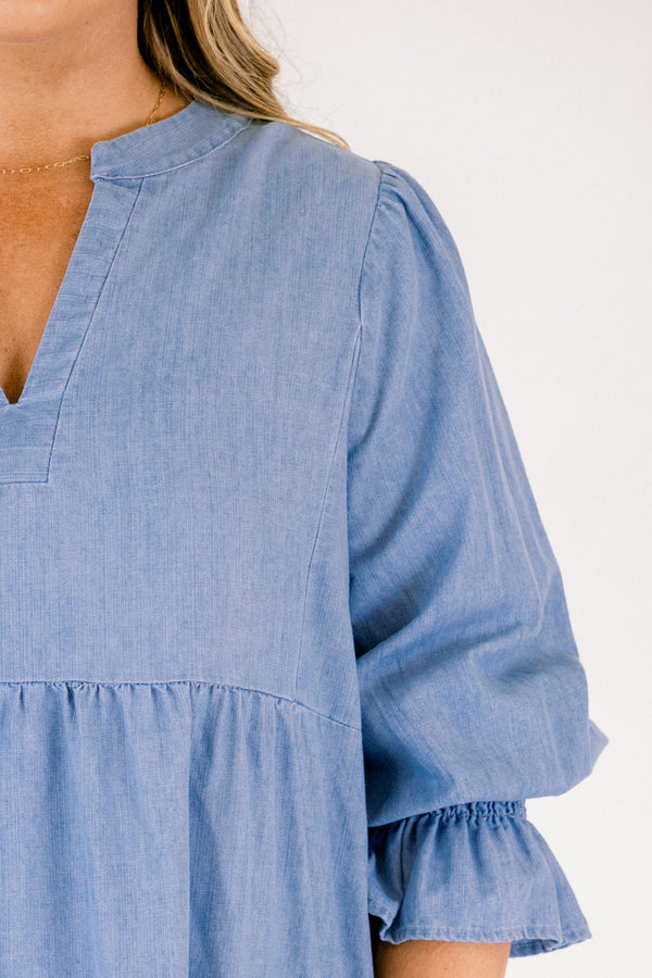 Chic Soul plus size clothing, denim half length sleeve tiered baby doll dress with cinching on the sleeves and v neck cutout