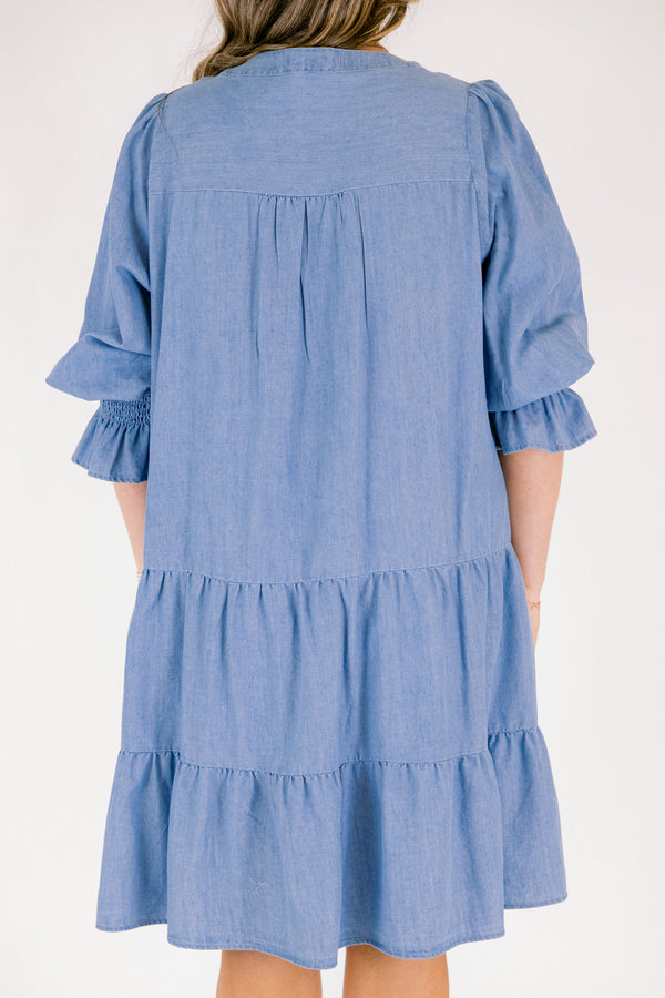 Chic Soul plus size clothing, denim half length sleeve tiered baby doll dress with cinching on the sleeves and v neck cutout