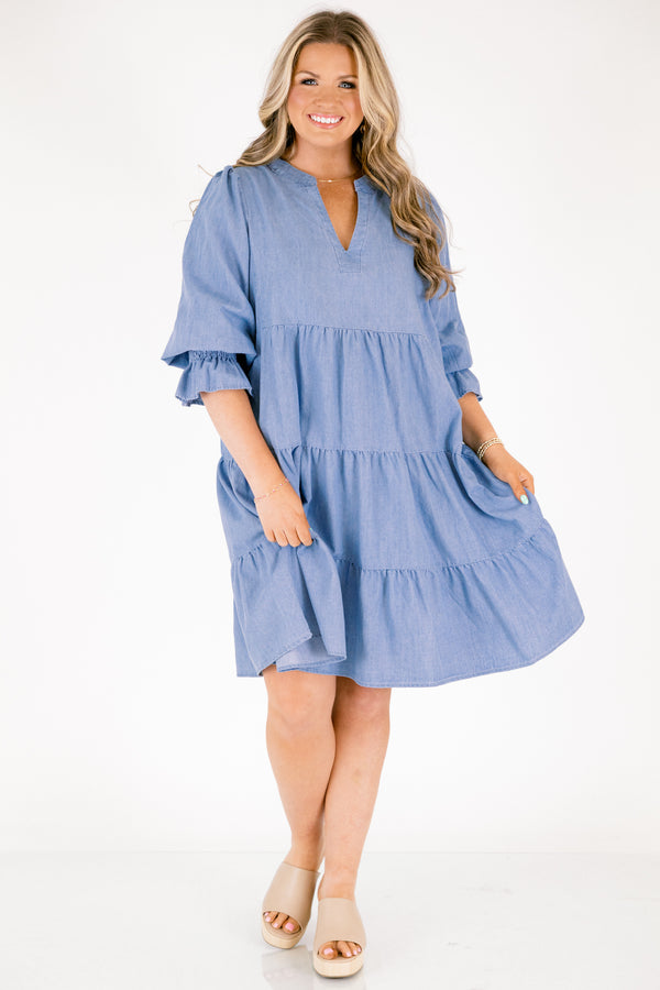 Chic Soul plus size clothing, denim half length sleeve tiered baby doll dress with cinching on the sleeves and v neck cutout