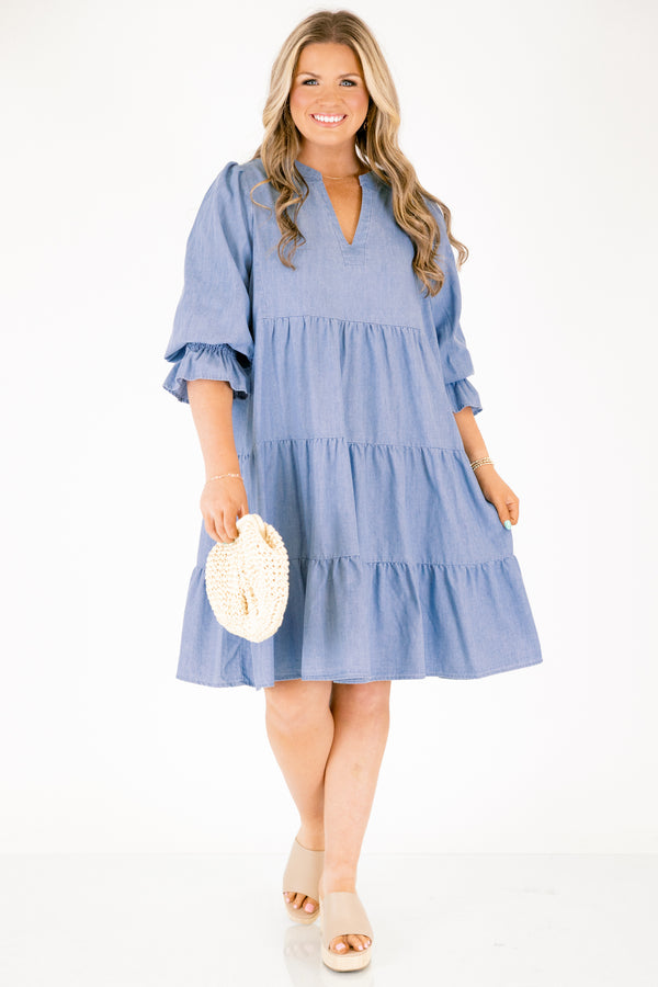 Chic Soul plus size clothing, denim half length sleeve tiered baby doll dress with cinching on the sleeves and v neck cutout