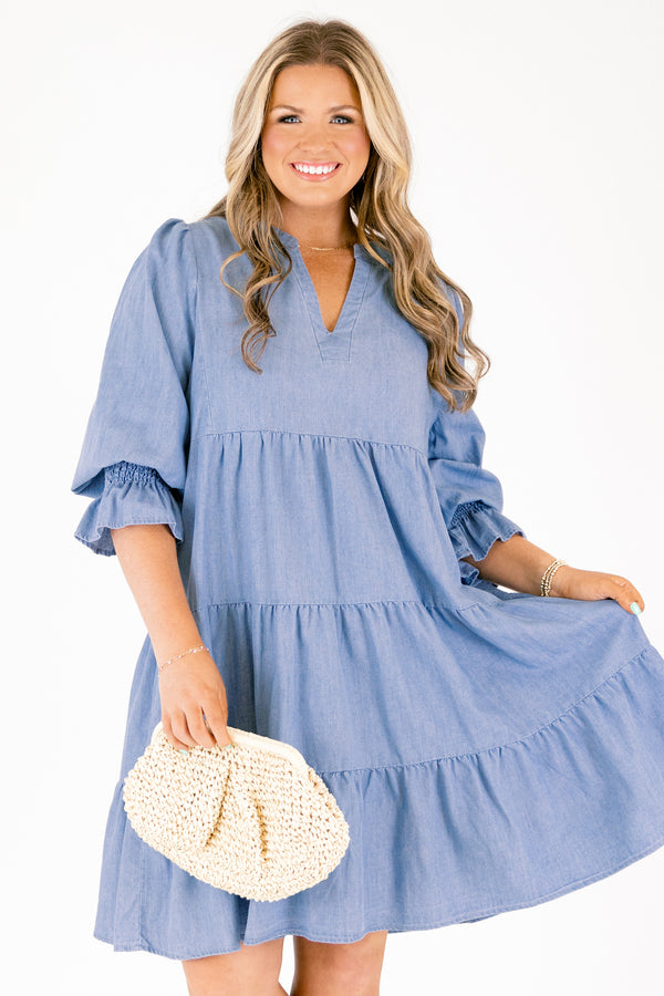 Chic Soul plus size clothing, denim half length sleeve tiered baby doll dress with cinching on the sleeves and v neck cutout