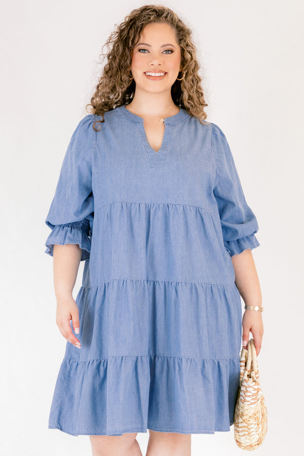 Chic Soul plus size clothing, denim half length sleeve tiered baby doll dress with cinching on the sleeves and v neck cutout
