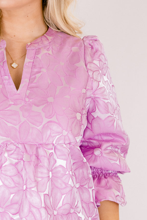 Chic Soul plus size clothing, periwinkle tiered knee length dress with half sleeves that have a ruffle detail at he end of each sleeve as well as a floral pattern 