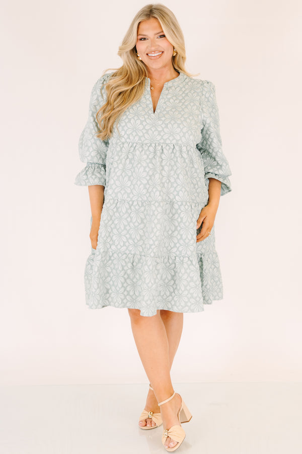 Chic Soul plus size clothing, light sage green short puff sleeve tiered baby doll dress with light floral print and v neck cutout