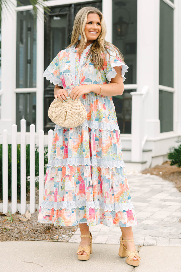 Chic Soul plus size clothing, multi colored cityscape maxi dress with white scallop trim along tiered skirt and the hem of short sleeves and v-neckline