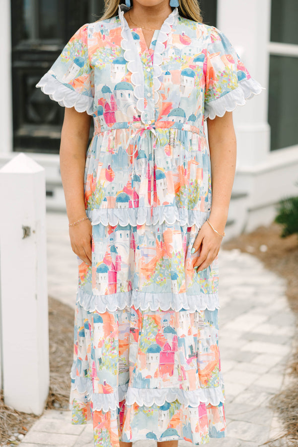 Chic Soul plus size clothing, multi colored cityscape maxi dress with white scallop trim along tiered skirt and the hem of short sleeves and v-neckline