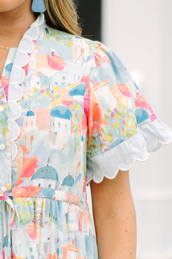 Chic Soul plus size clothing, multi colored cityscape maxi dress with white scallop trim along tiered skirt and the hem of short sleeves and v-neckline