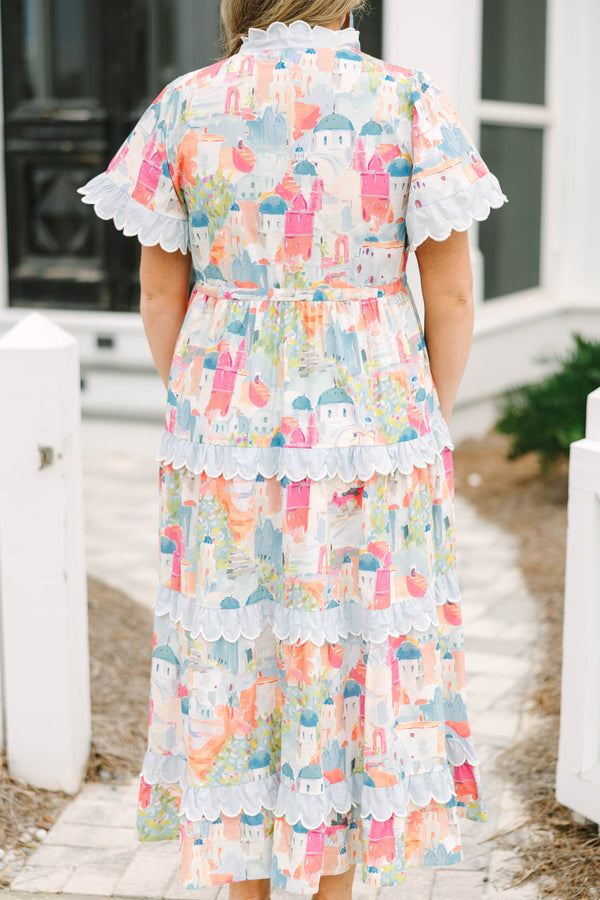 Chic Soul plus size clothing, multi colored cityscape maxi dress with white scallop trim along tiered skirt and the hem of short sleeves and v-neckline