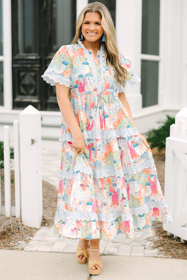 Chic Soul plus size clothing, multi colored cityscape maxi dress with white scallop trim along tiered skirt and the hem of short sleeves and v-neckline