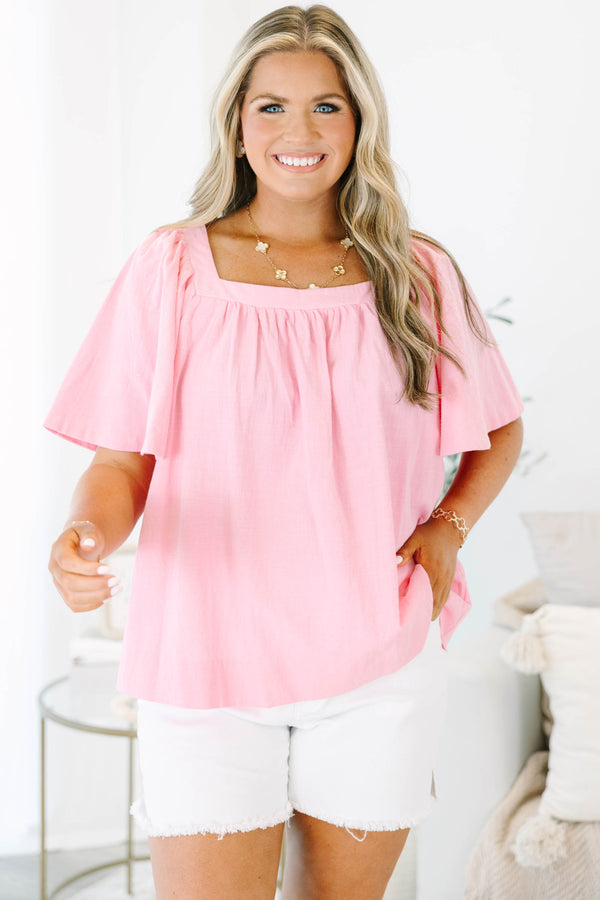 Plus size pink flowy square neck top with flutter sleeves 