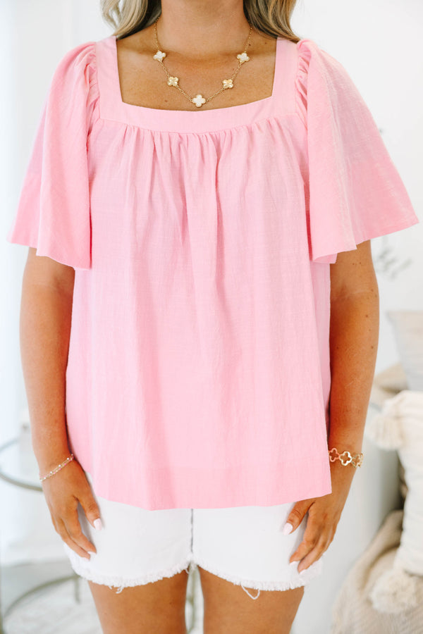 Plus size pink flowy square neck top with flutter sleeves 