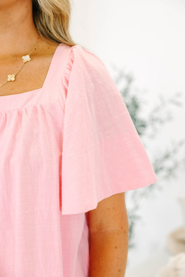 Plus size pink flowy square neck top with flutter sleeves 