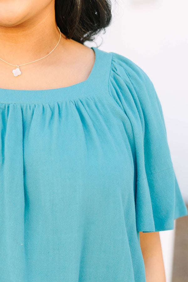 Chic Soul plus size clothing, teal square neck flutter sleeve baby doll top